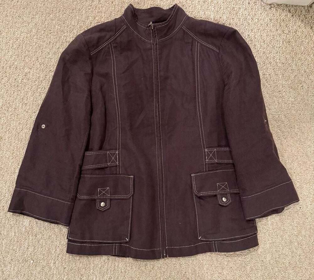 SHE'S MISS Brown Zip-Up Utility Jacket White Contrast Stitching Size M
